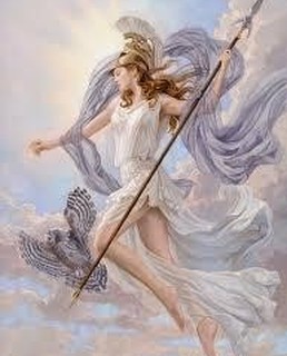 art depicting Greek goddess Athena with helmet and spear